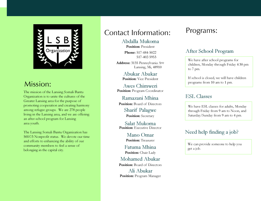 Lansing Somali Bantu Organization programs and classes brochure